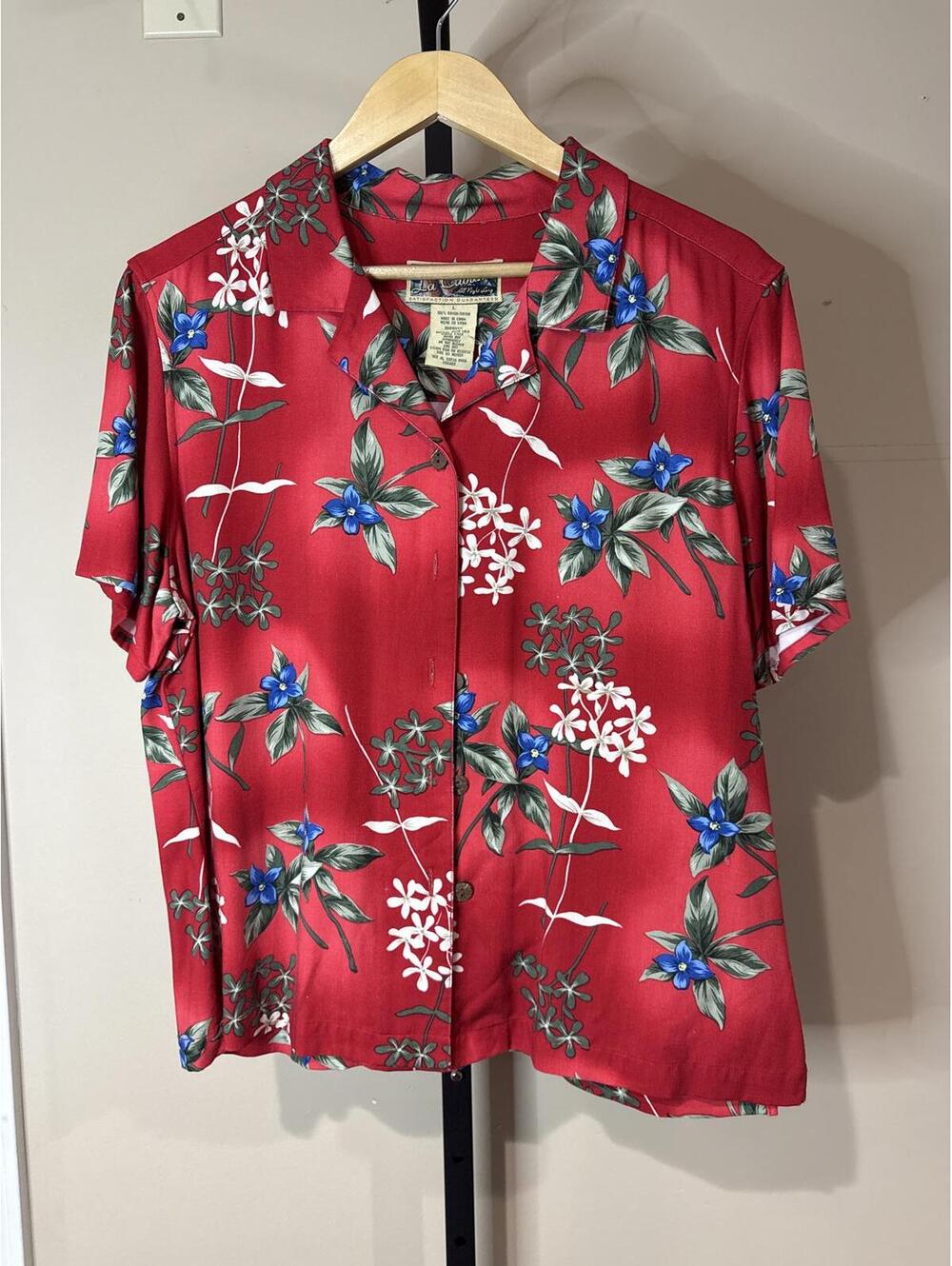 La Cabana Red Floral Rayon Button-Up Shirt Large Hawaiian